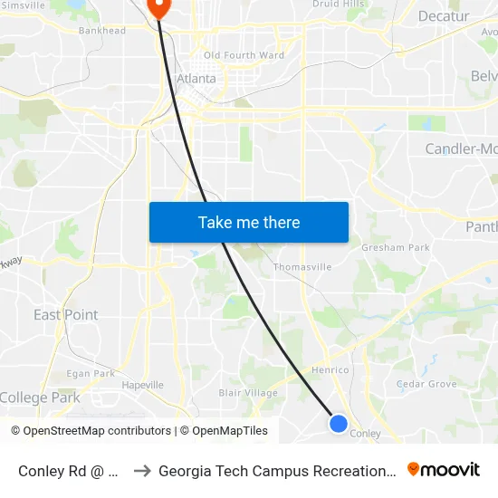 Conley Rd @ 1625 to Georgia Tech Campus Recreation Center map