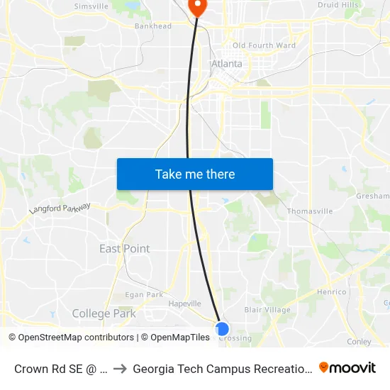 Crown Rd SE @ 3900 to Georgia Tech Campus Recreation Center map