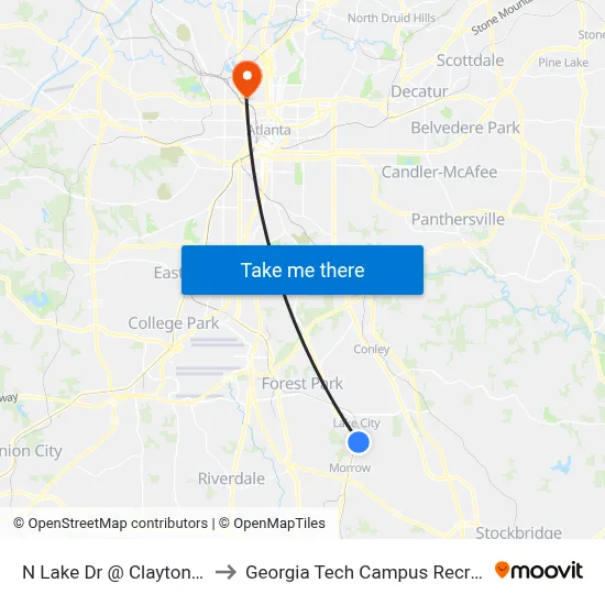 N Lake Dr @ Clayton State Blvd to Georgia Tech Campus Recreation Center map