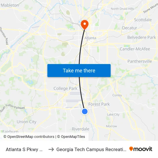 Atlanta S Pkwy @ Sr 85 to Georgia Tech Campus Recreation Center map