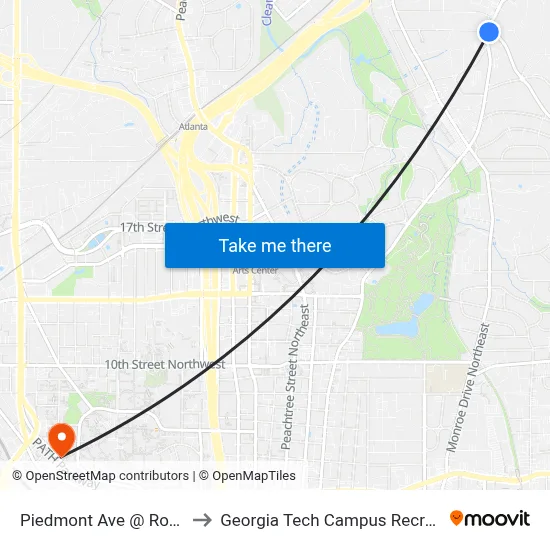 Piedmont Ave @ Rock Springs to Georgia Tech Campus Recreation Center map