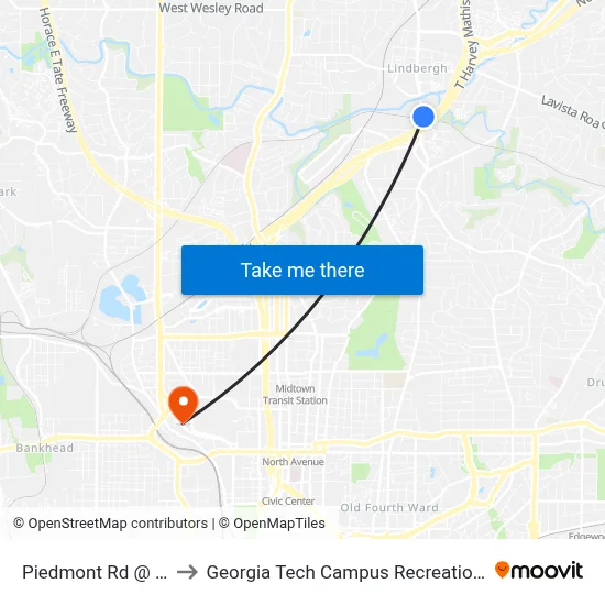 Piedmont Rd @ 2135 to Georgia Tech Campus Recreation Center map