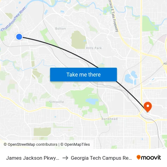 James Jackson Pkwy @ Bolton Rd to Georgia Tech Campus Recreation Center map