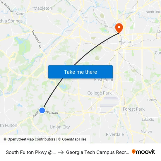 South Fulton Pkwy @ Derrick Rd to Georgia Tech Campus Recreation Center map