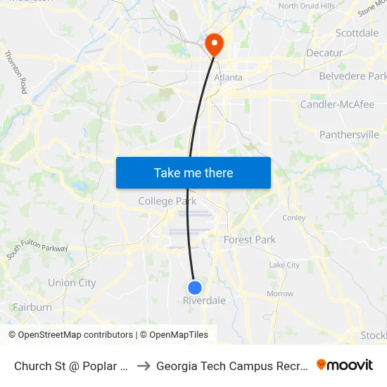 Church St @ Poplar Springs Rd to Georgia Tech Campus Recreation Center map