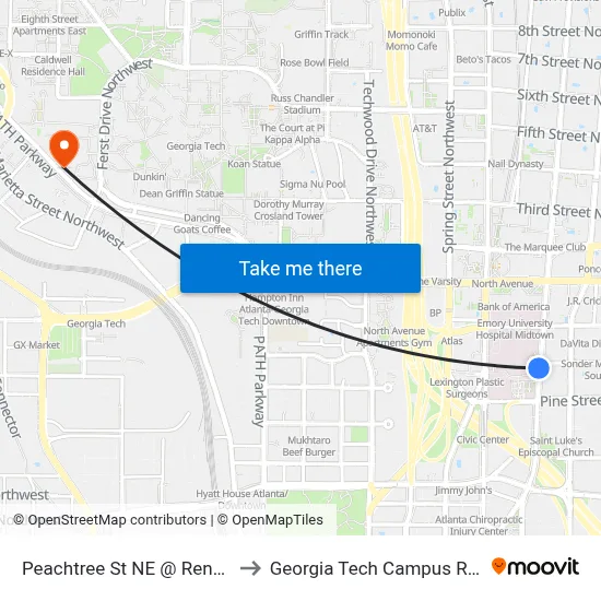 Peachtree St NE @ Renaissance Pky NE to Georgia Tech Campus Recreation Center map