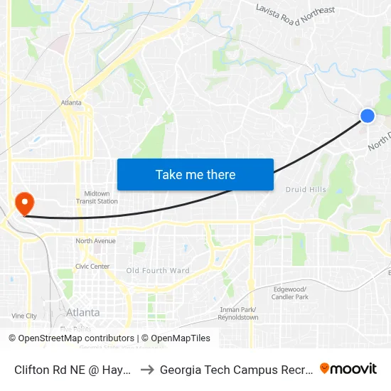 Clifton Rd NE @ Haygood Dr NE to Georgia Tech Campus Recreation Center map