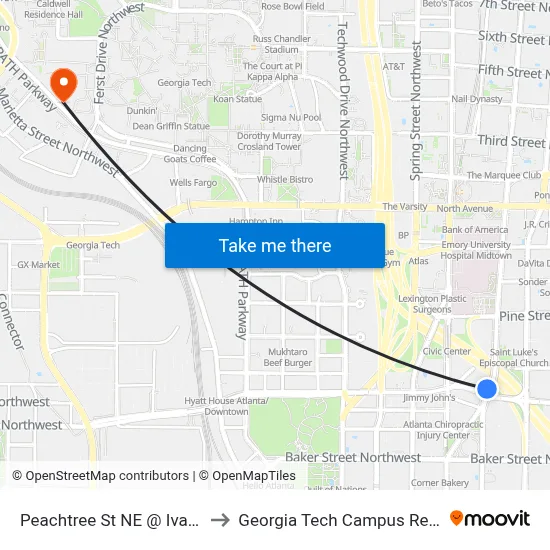 Peachtree St NE @ Ivan Allen Jr Blvd to Georgia Tech Campus Recreation Center map