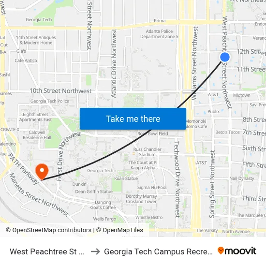 West Peachtree St at 12th St to Georgia Tech Campus Recreation Center map