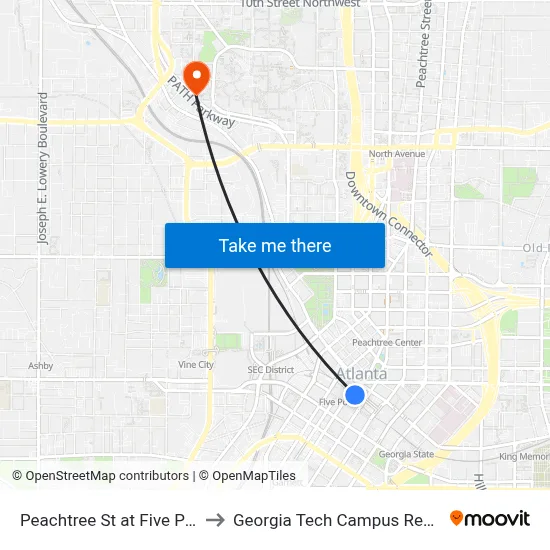Peachtree St at Five Points Station to Georgia Tech Campus Recreation Center map