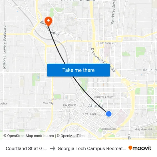 Courtland St at Gilmer St to Georgia Tech Campus Recreation Center map
