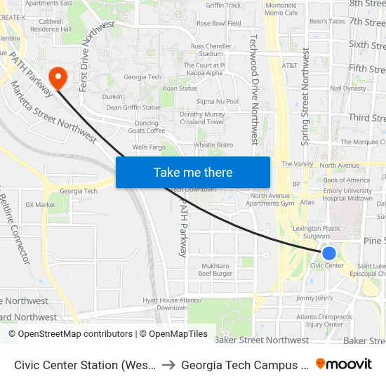 Civic Center Station (West Peachtreet Street) to Georgia Tech Campus Recreation Center map