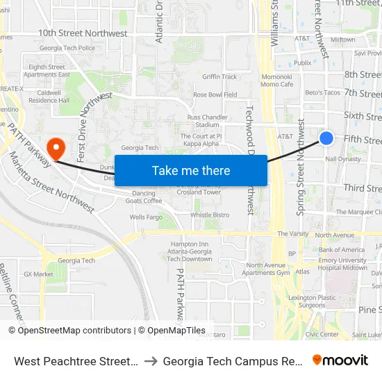 West Peachtree Street at 5th Street to Georgia Tech Campus Recreation Center map