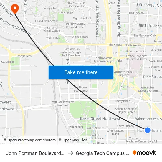 John Portman Boulevard at Courtland Street to Georgia Tech Campus Recreation Center map