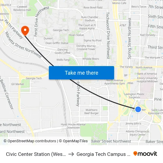 Civic Center Station (West Peachtreet Street) to Georgia Tech Campus Recreation Center map