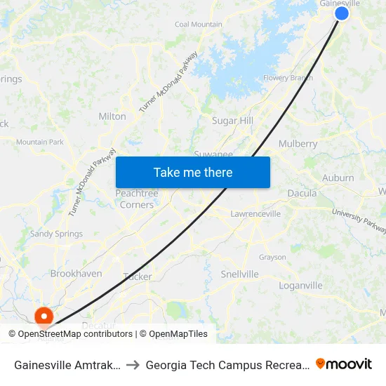 Gainesville Amtrak Station to Georgia Tech Campus Recreation Center map