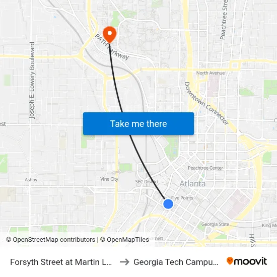 Forsyth Street at Martin Luther King Junior Drive to Georgia Tech Campus Recreation Center map