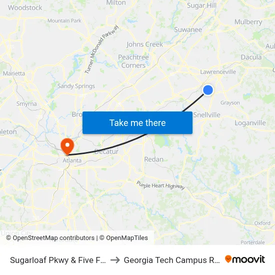 Sugarloaf Pkwy & Five Forks Trickum Rd to Georgia Tech Campus Recreation Center map