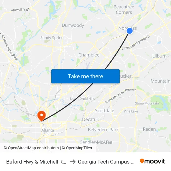 Buford Hwy & Mitchell Rd (Advance Auto) to Georgia Tech Campus Recreation Center map