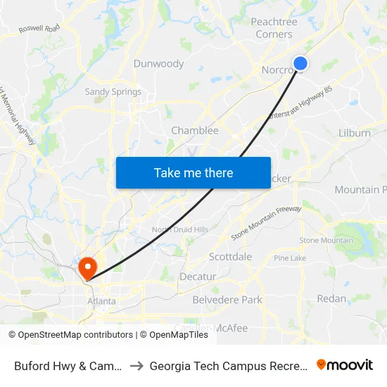 Buford Hwy & Cambridge St to Georgia Tech Campus Recreation Center map