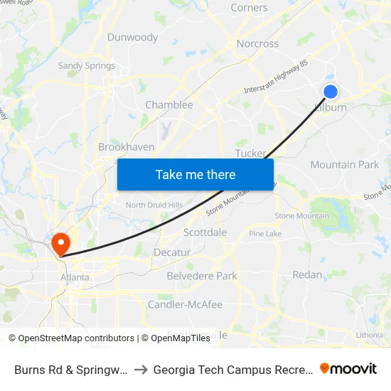 Burns Rd & Springwood Dr Ib to Georgia Tech Campus Recreation Center map