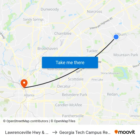 Lawrenceville Hwy & Harbins Rd Ib to Georgia Tech Campus Recreation Center map