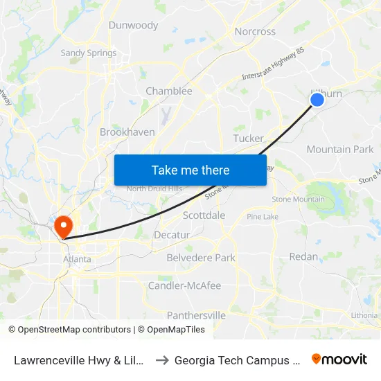 Lawrenceville Hwy & Lilburn School Rd Ob to Georgia Tech Campus Recreation Center map