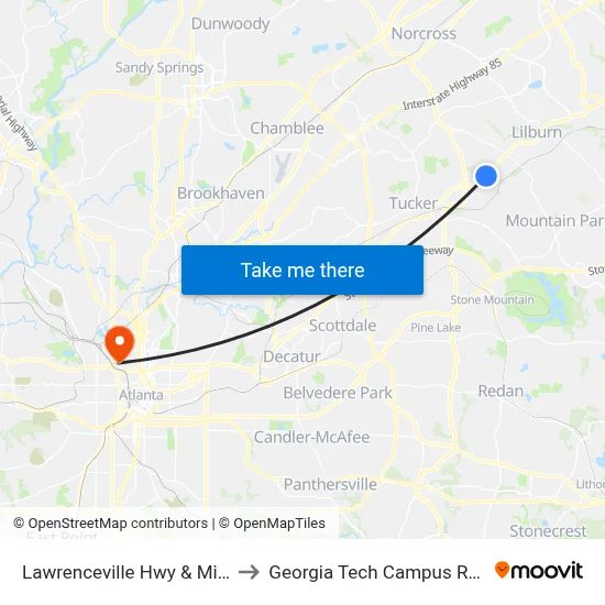 Lawrenceville Hwy & Mimosa Circle Ob to Georgia Tech Campus Recreation Center map