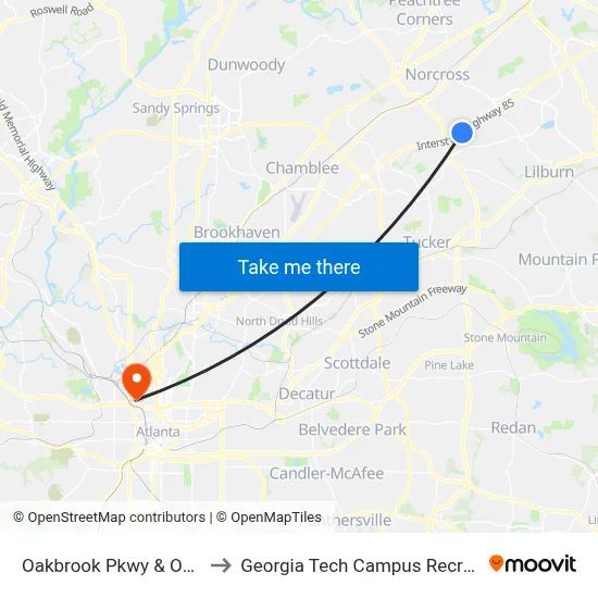 Oakbrook Pkwy & Oakbrook Dr to Georgia Tech Campus Recreation Center map