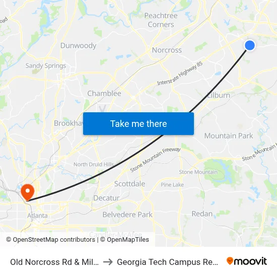 Old Norcross Rd & Mill Valley Apts to Georgia Tech Campus Recreation Center map
