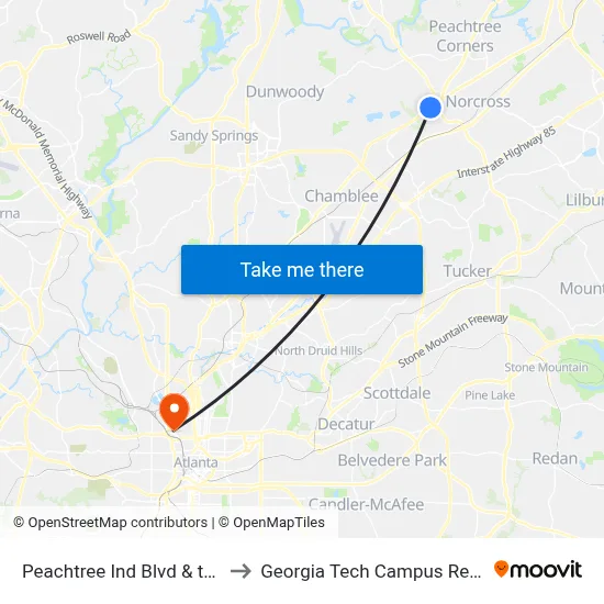 Peachtree Ind Blvd & the Fields Apts to Georgia Tech Campus Recreation Center map