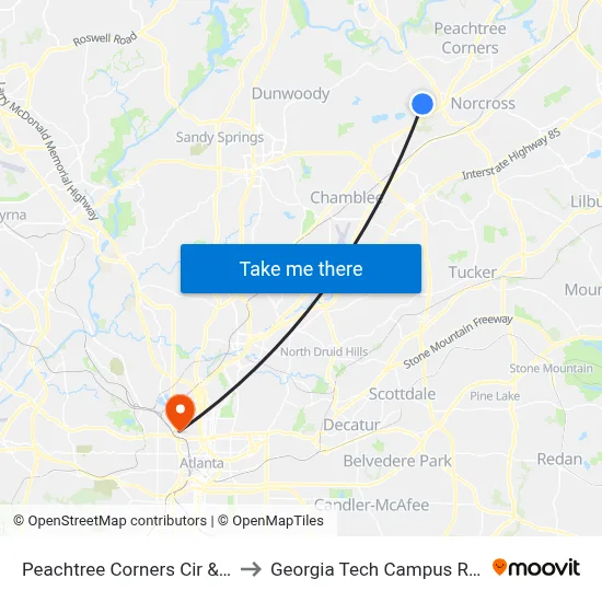 Peachtree Corners Cir & Jones Mill Spur to Georgia Tech Campus Recreation Center map
