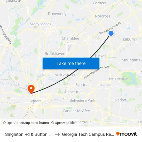 Singleton Rd & Button Gwinnett Pl Ob to Georgia Tech Campus Recreation Center map