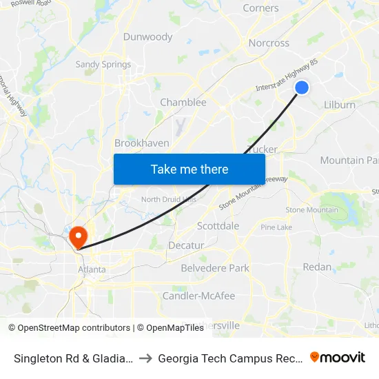 Singleton Rd & Gladiator Drive Ob to Georgia Tech Campus Recreation Center map