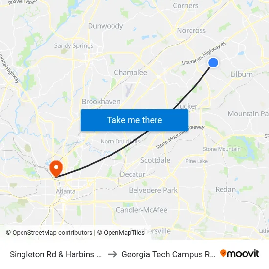 Singleton Rd & Harbins Rd (Before Light) to Georgia Tech Campus Recreation Center map