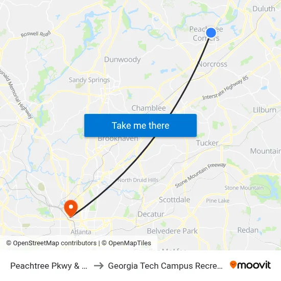 Peachtree Pkwy & Forum Ib to Georgia Tech Campus Recreation Center map