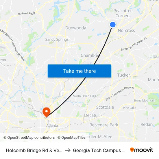 Holcomb Bridge Rd & Veranda Knolls Apts to Georgia Tech Campus Recreation Center map