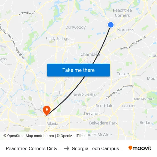 Peachtree Corners Cir & Westchase Villge to Georgia Tech Campus Recreation Center map