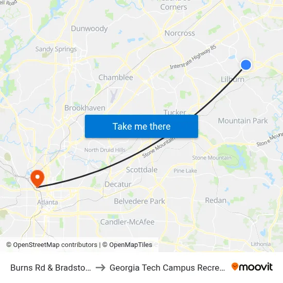 Burns Rd & Bradstone Trace to Georgia Tech Campus Recreation Center map