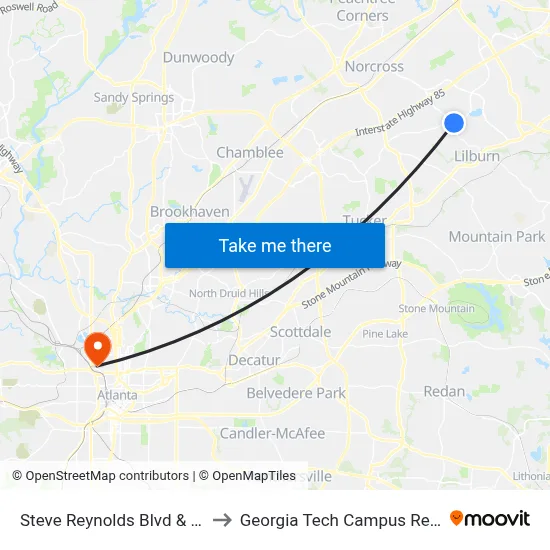 Steve Reynolds Blvd & Hillcrest Ct Ob to Georgia Tech Campus Recreation Center map