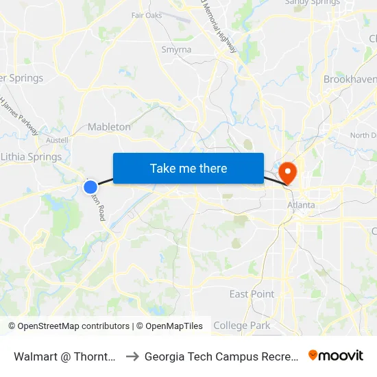 Walmart @ Thornton Rd Ob to Georgia Tech Campus Recreation Center map