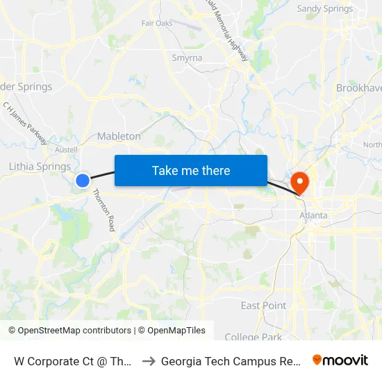 W Corporate Ct @ Thornton Rd Ob to Georgia Tech Campus Recreation Center map