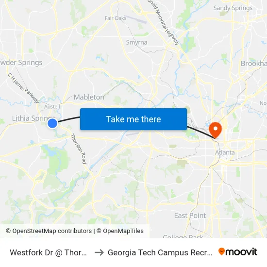 Westfork Dr @ Thornton Rd Ob to Georgia Tech Campus Recreation Center map