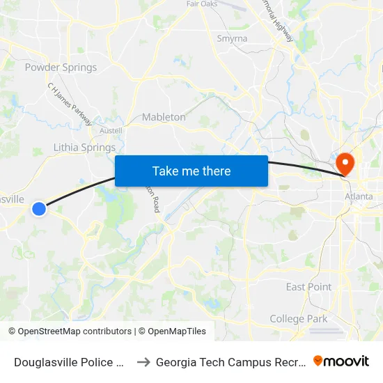 Douglasville Police Department to Georgia Tech Campus Recreation Center map