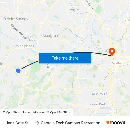 Lions Gate Studio to Georgia Tech Campus Recreation Center map