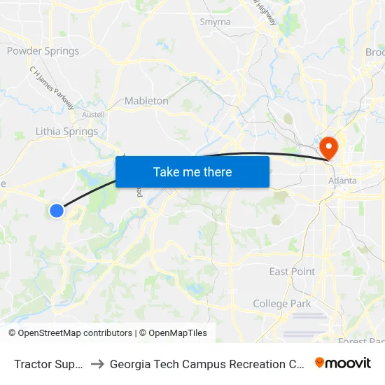 Tractor Supply to Georgia Tech Campus Recreation Center map