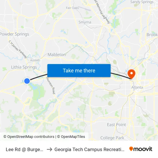 Lee Rd @ Burger King to Georgia Tech Campus Recreation Center map