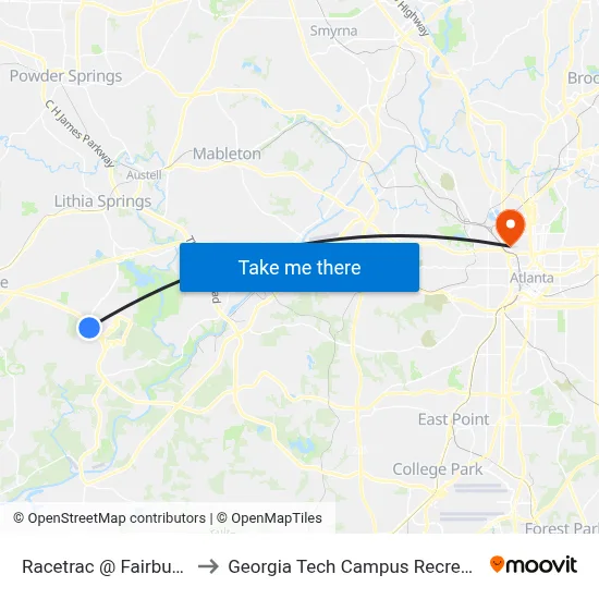 Racetrac @ Fairburn Rd Ob to Georgia Tech Campus Recreation Center map