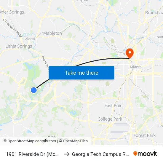 1901 Riverside Dr (Mcmaster-Carr) Ob to Georgia Tech Campus Recreation Center map