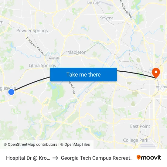 Hospital Dr @ Kroger Ob to Georgia Tech Campus Recreation Center map